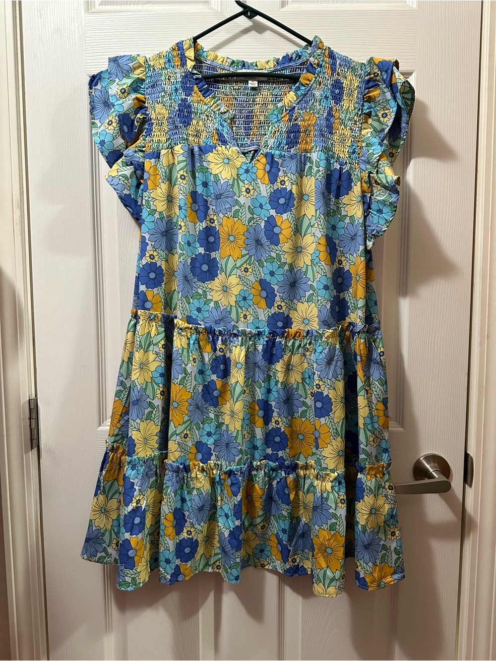 Umgee Blue, Yellow & Green Floral Smocked Yoke Casual Dress